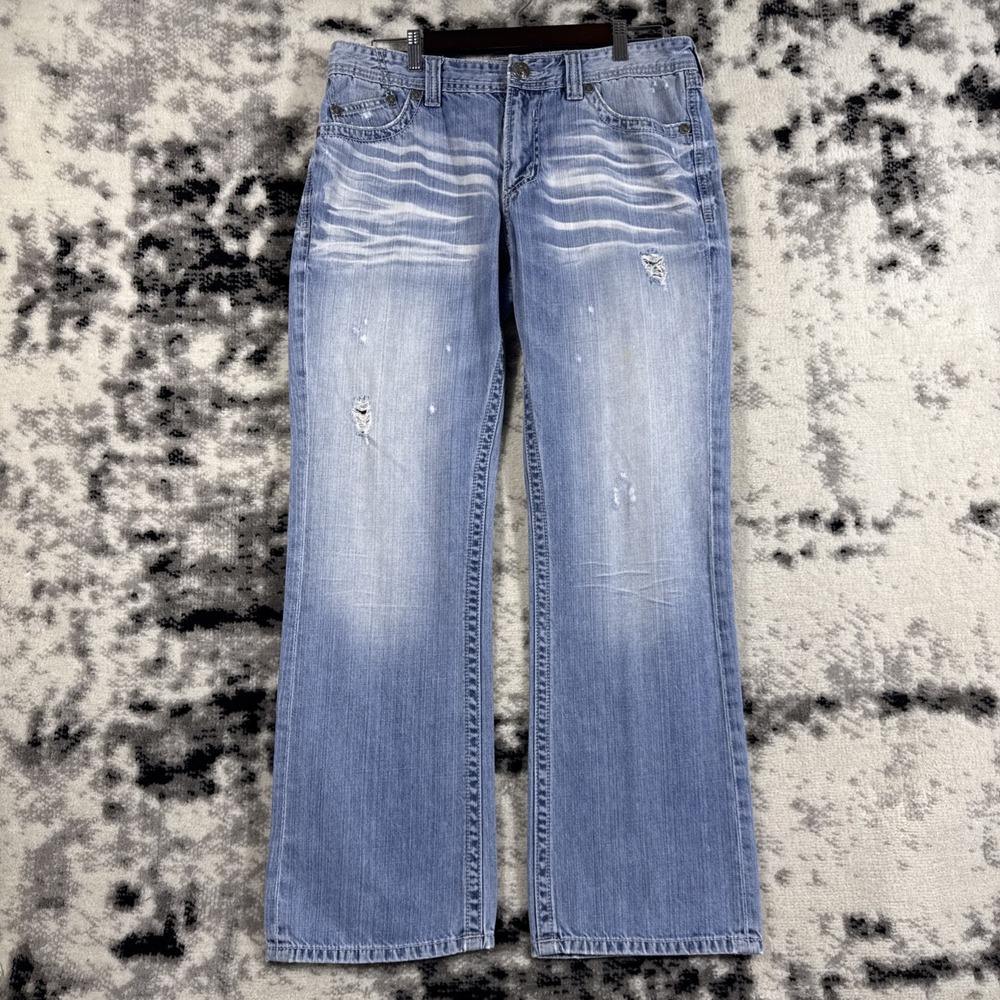 BKE Affliction Cooper Relaxed Boot Jeans Mens 34 Light Wash Distressed Y2K Skate